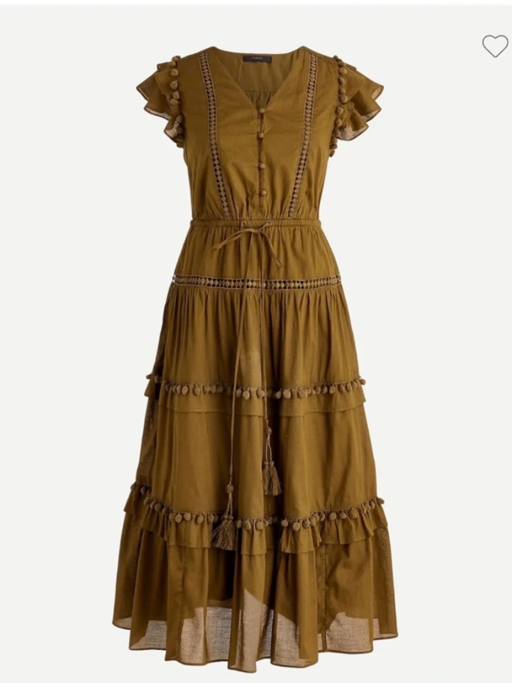 J.Crew Pom Pom Cotton Voile Tiered Midi Dress in Olive Green